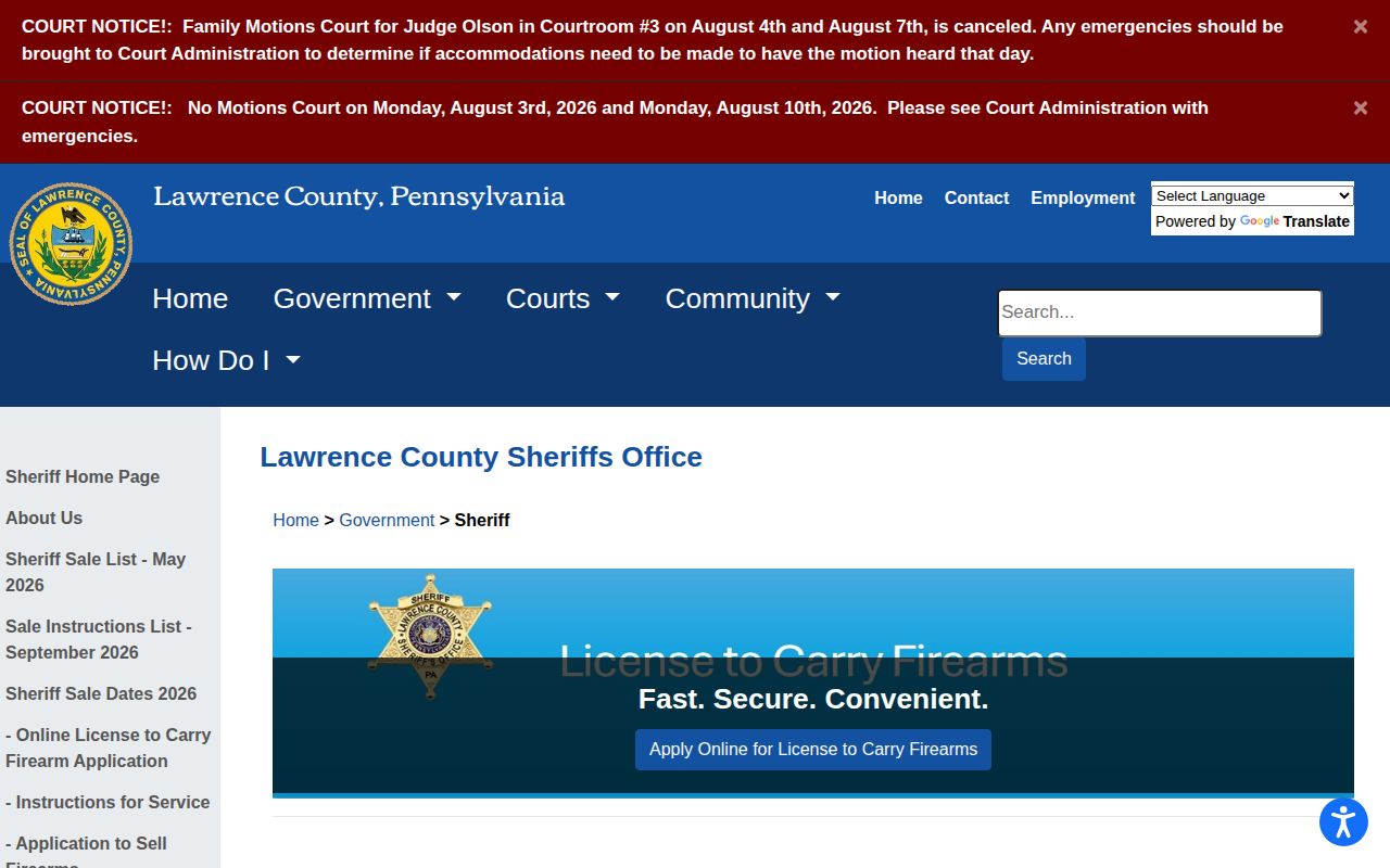 Lawrence County Sheriff page with no released inmate mugshot gallery